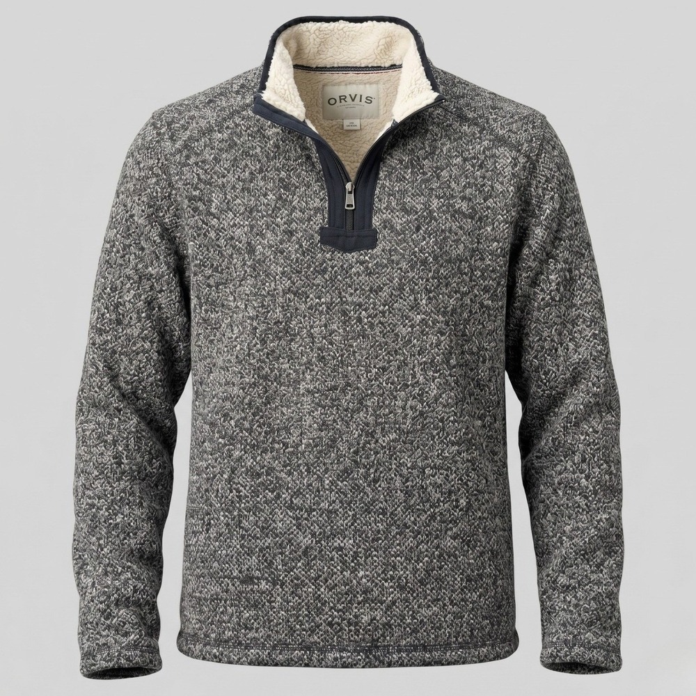 Orvis Mens L Gray Pullover Sweater Quarter Zip Sherpa Collar Marled Fleece